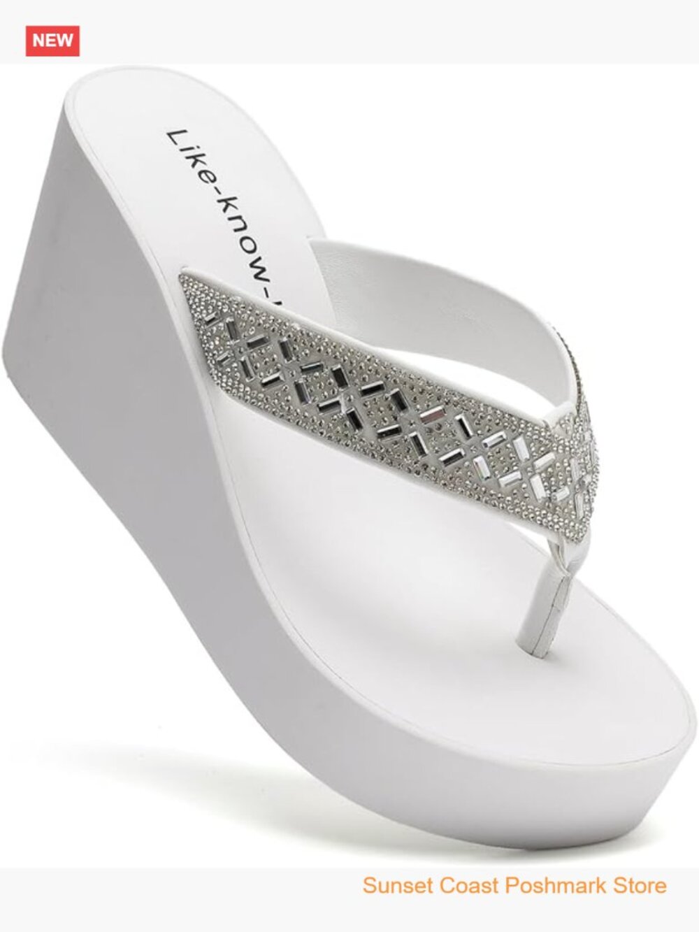 Rhinestone Wedge Sandals for Women Platform Flip Flops Wedding Dressy Heels 3.4